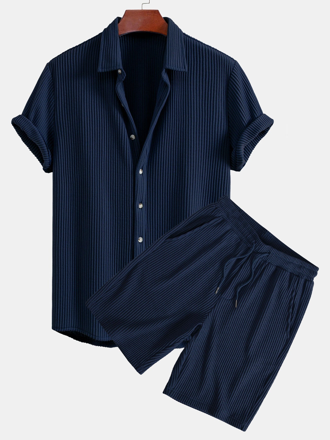 Waffle Button Up Shirt & Drawstring Waffle Shorts