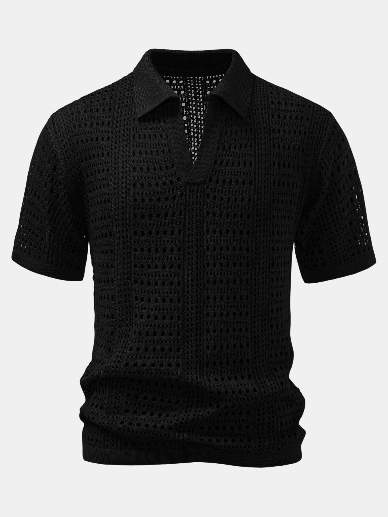 Crochet V Neck Polo Shirt & Crinkle Textured Straight Leg Pants