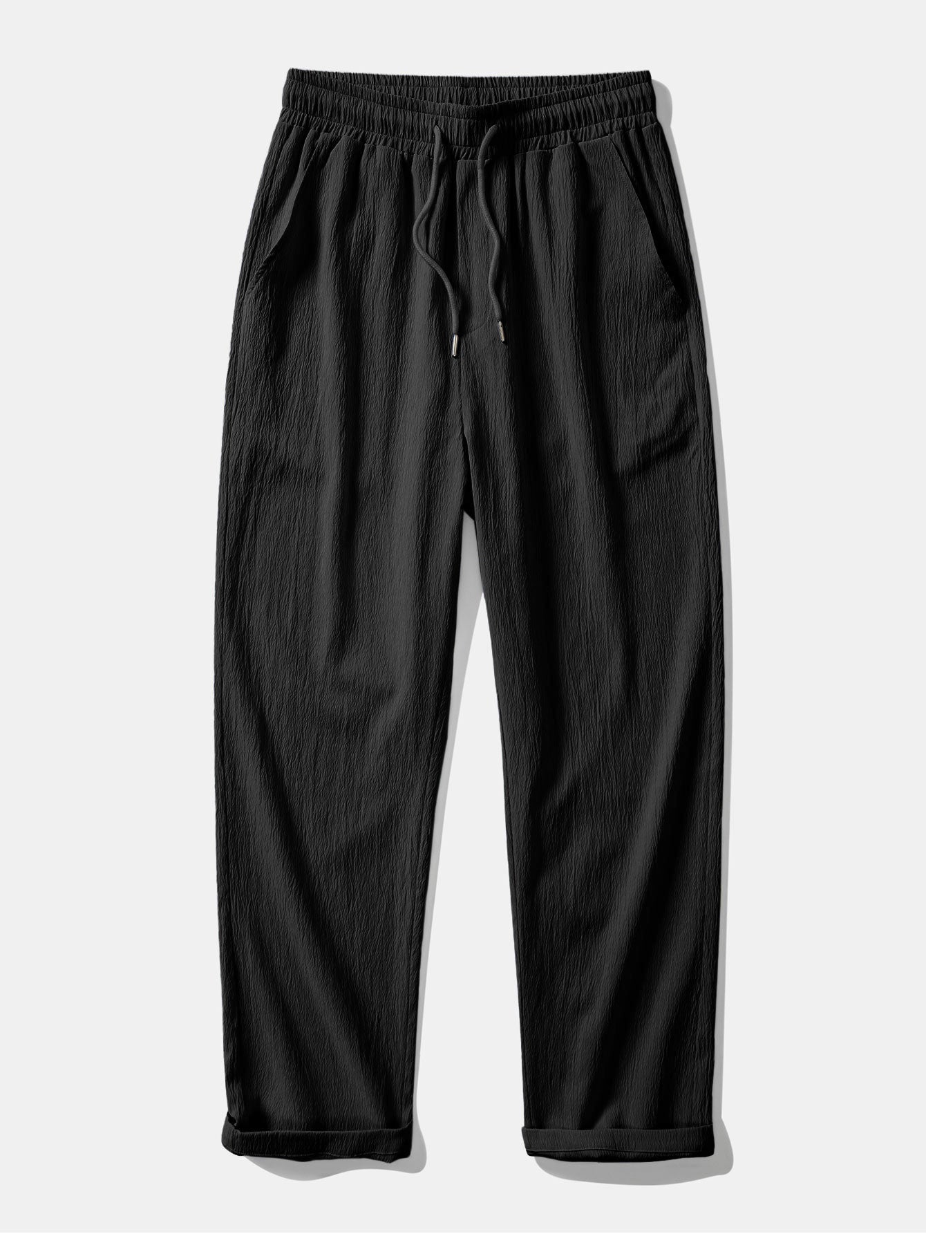 Short Sleeve Linen Look Stand Collar Shirt & Crinkle Textured Straight Leg Pants