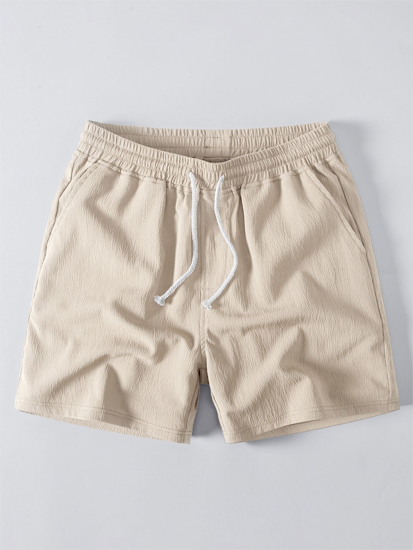 Contrast Stitching Linen Rayon Blend Cuban Shirt & Crinkle Textured Drawstring 5" Shorts